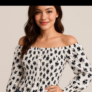 Black and White Smocked Off-Shoulder Blouse